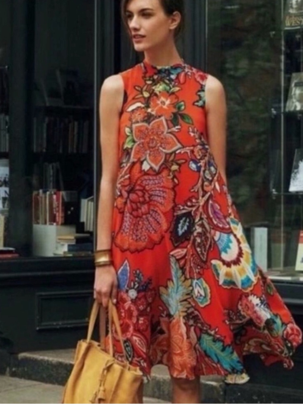 Anthropologie Mauve Orange Floral Sleeveless Swing Dress SZ M